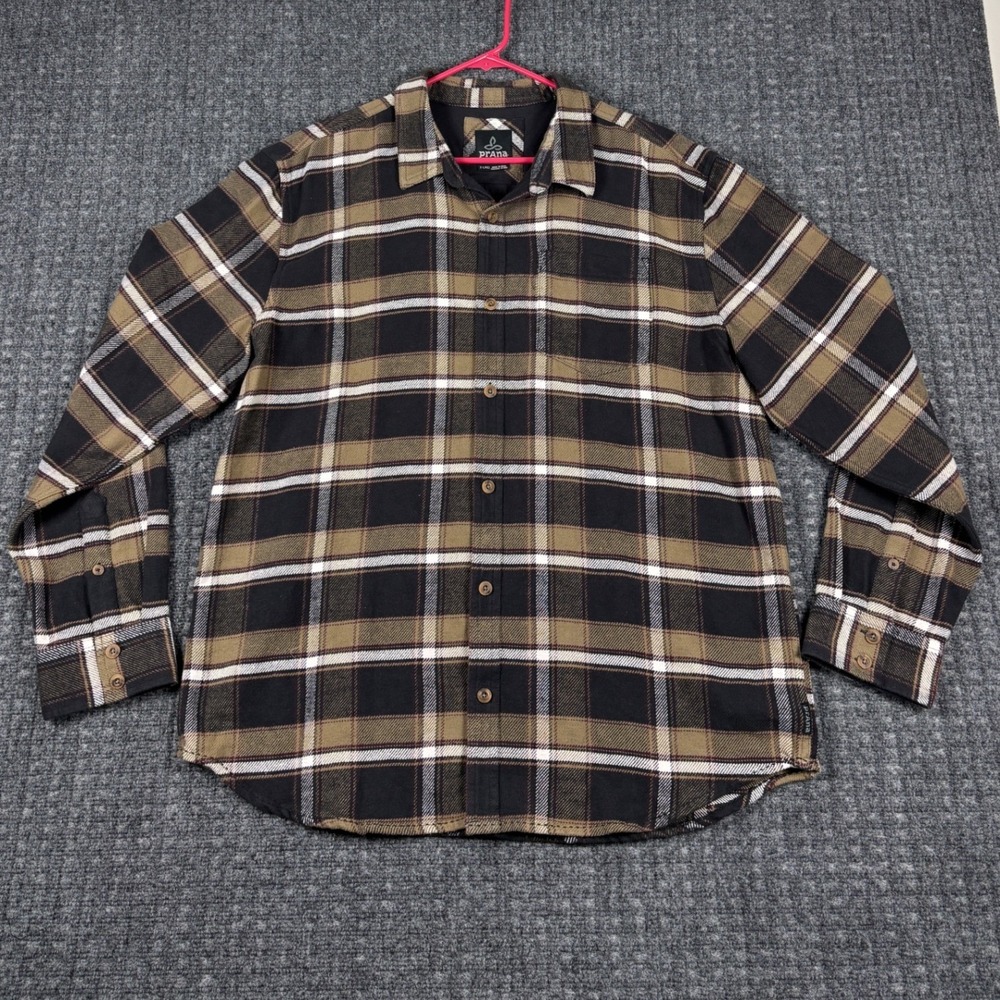 Prana Organic Heavy Cotton Flannel Plaid Button Down Shirt XL Brown Black White